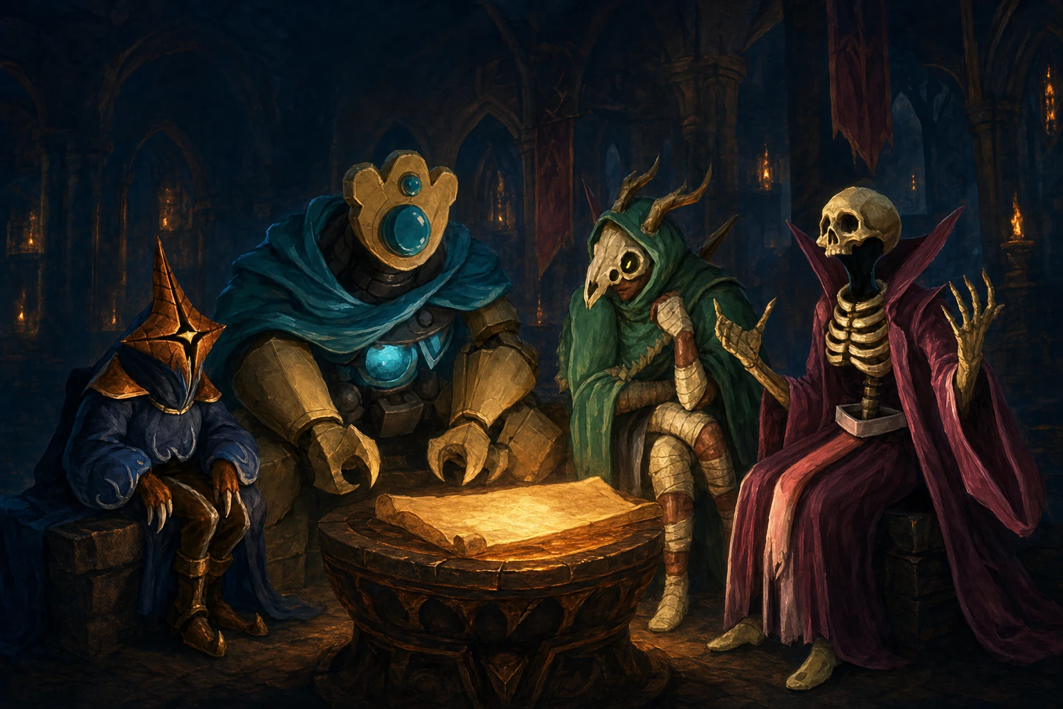 Four heroes from Slay the Spire 2 gathered around a glowing brazier in a candlelit spire, planning together — painted illustration matching the in-game art style.