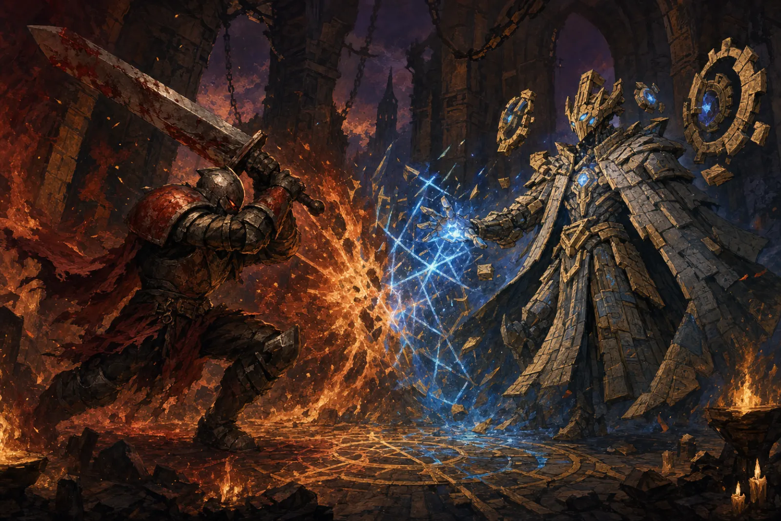 Painted illustration of the Ironclad charging the Architect across a crumbling spire chamber — broadsword raised, fire and stone-construct magic colliding mid-air.