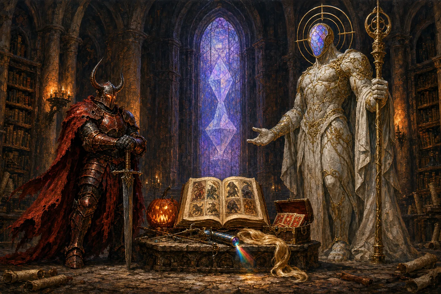 Painted illustration of the Ironclad standing beside a glowing bestiary tome in a candlelit spire archive — both gauntleted hands rest on the pommel of his greatsword as he studies the monster portraits inside. A flickering pumpkin candle, a brass fishing rod, a kaleidoscope refracting a small rainbow, a coil of silken golden hair, and a half-open chest of glowing cards sit on the stone table beside him. The faint crystalline hourglass silhouette of Aeonglass hovers in the stained-glass window behind.