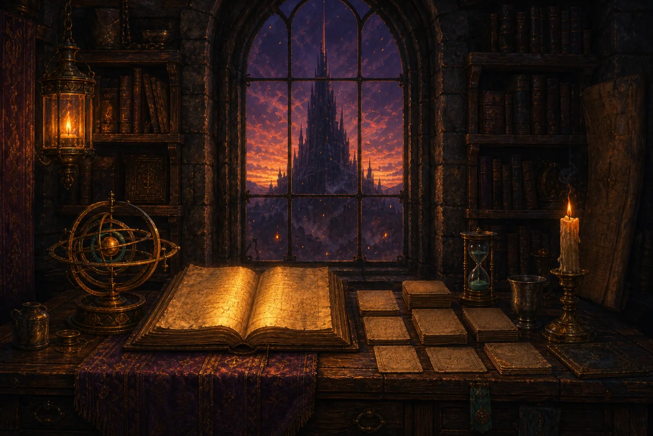 Painted still-life of an antique desk in an ember-lit vault library: a massive open ledger glowing golden, neat stacks of parchment cards, a brass orrery clock, a teal hourglass and a candle. Through the tall arched window behind the desk, a colossal dark spire rises into a violet-and-ember dusk sky full of drifting sparks.